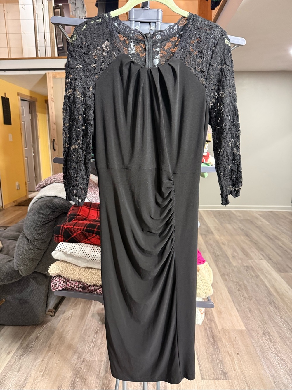 Joseph Ribkoff Black Lace-Sleeve Ruched Midi Dress